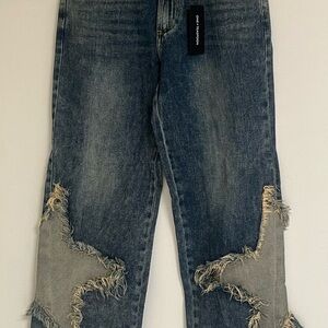 One Teaspoon Blue Frayed Wide Leg Jeans